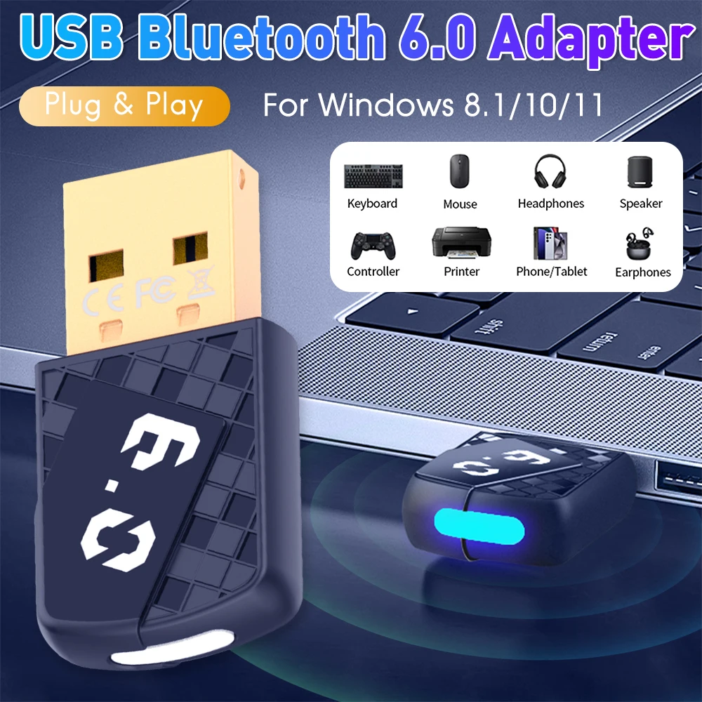 

Bluetooth-compatible 6.0 USB Wireless Audio Adapter Receiver Transmitter for Headset Speaker Keyboard Mouse Printer