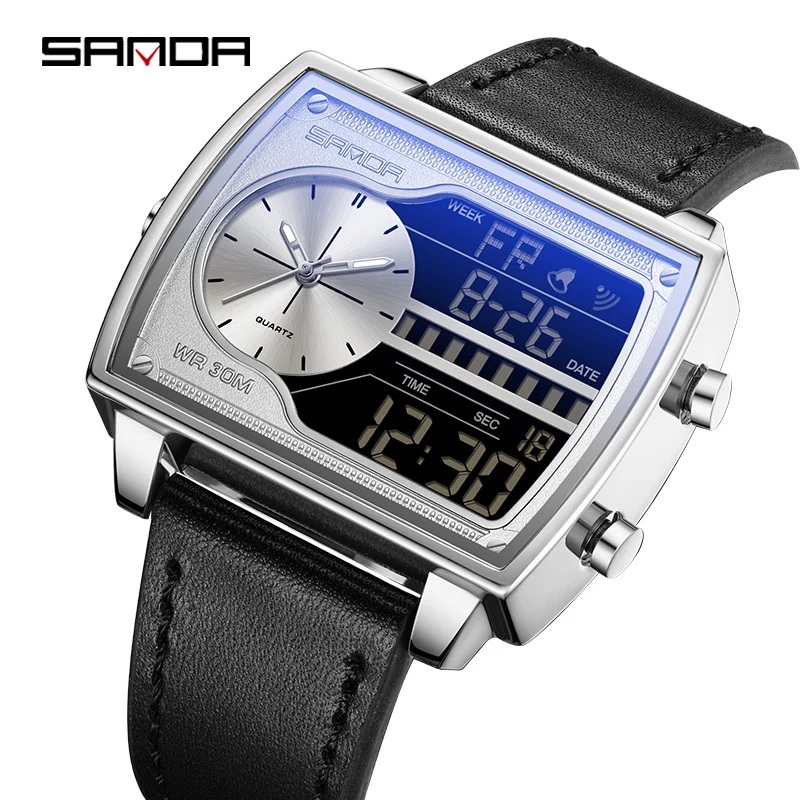 SANDA 6163 nuevo reloj electrónico Digital de cuero de cuarzo para hombre, relojes deportivos de cuenta atrás, reloj de pulsera con pantalla Dual, reloj Masculino