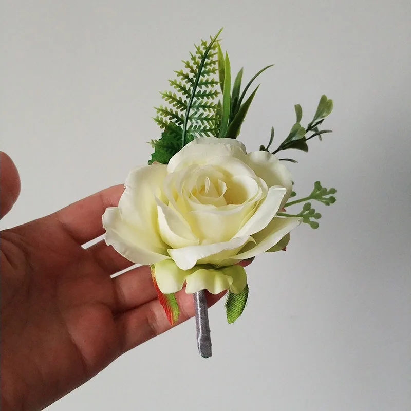 White Boutonniere Wedding Accessories Wrist Corsage Anniversary Silk Roses Artificial Brooch Flowers Buttonhole Guests Marriage