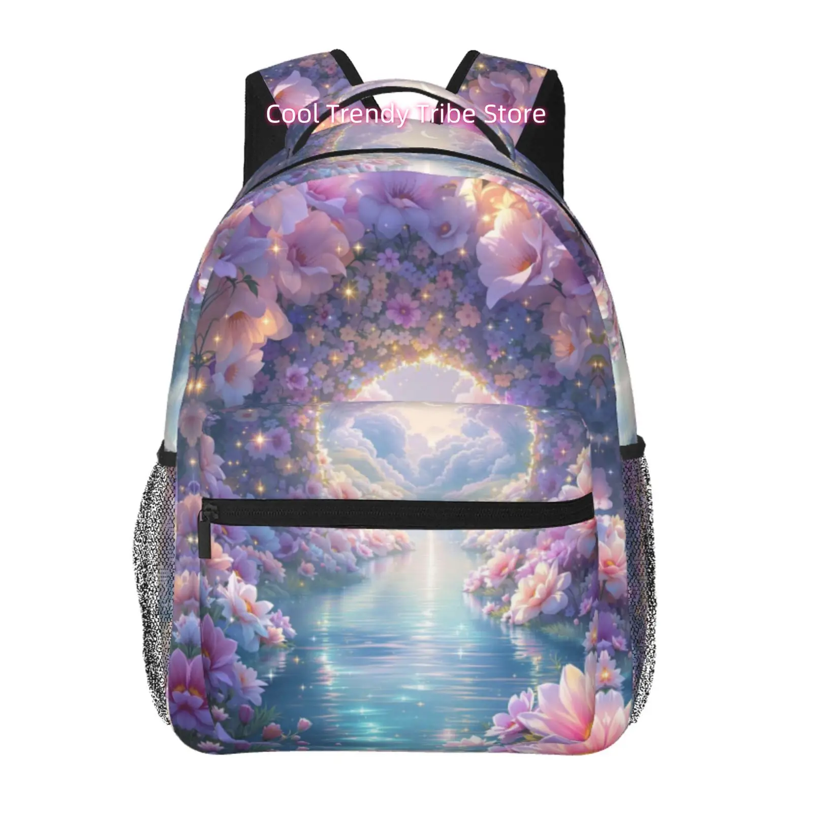 Enchanted Floral Lake with Glowing Flowers Print Backpack, High Quality Oxford Cloth, Adjustable Shoulder Straps, for Hiking and