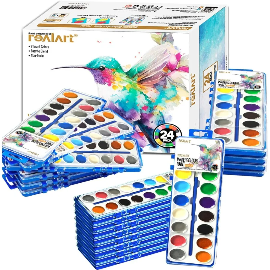 

18-цветный набор акварельных красок, оптовая упаковка из 24 наборов акварельных красок для художественных принадлежностей, идеально подходящий для школьных проектов, креативный дра