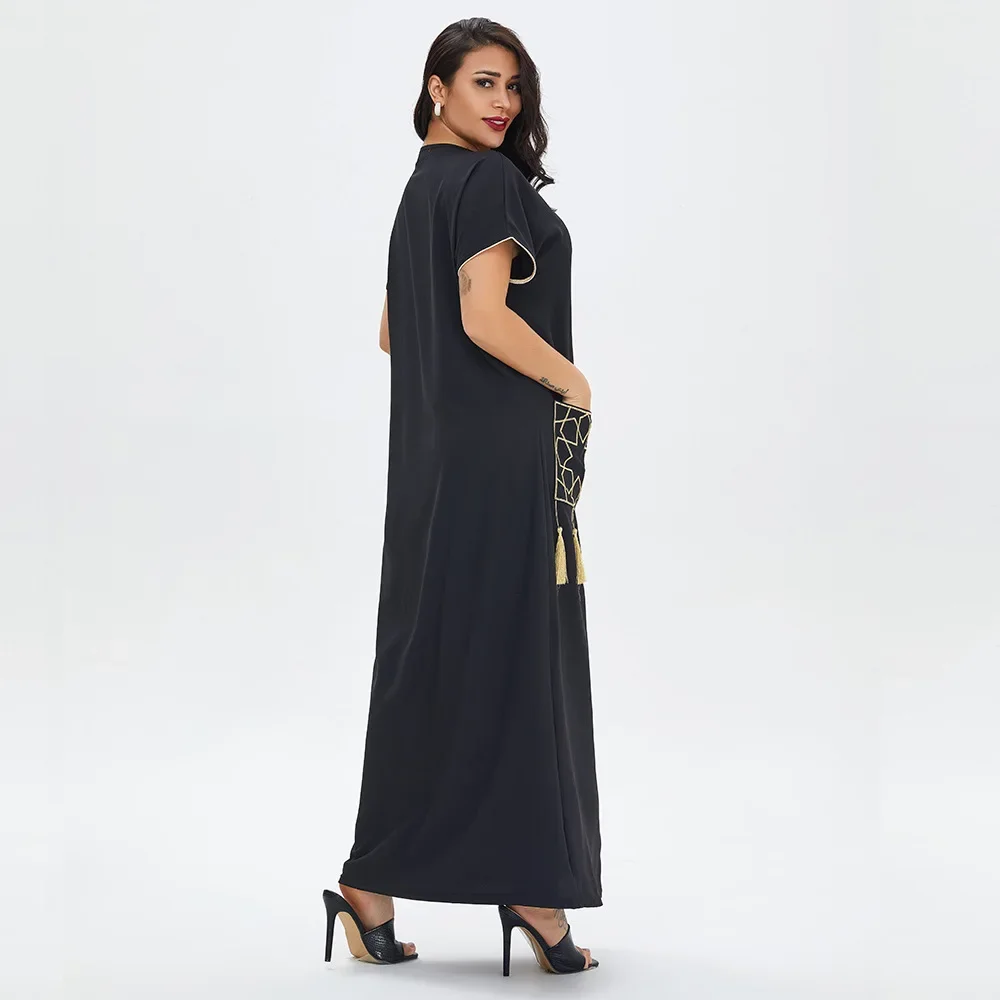 New Summer Ladies Embroidery Fringe Short Sleeve Long Gown Muslim Dubai Solid Color Robes for Women Elegant Loose Casual Dresses