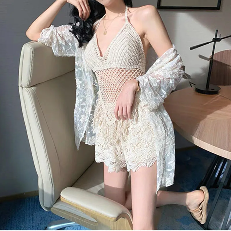 Długi Rękaw Strój Kąpielowy Damski Bikini Seksowna Bluzka Zestaw Trzy Zbierane Dzianinowe Siateczkowe Plażowe Ochrona Przed Słońcem