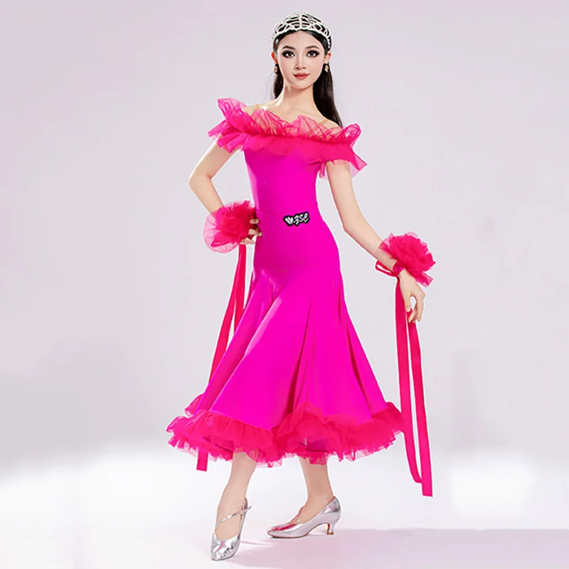 

Rose Children Modern Dancewear Girls National Standard Bodysuit Large Skirts Performance Waltz Ballroom Dance Grading Costume