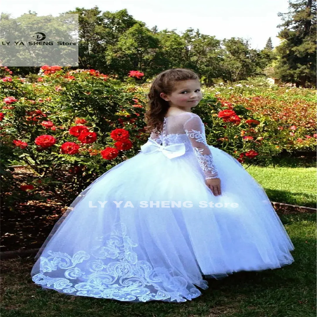 

Flower Girls Dresses Beautiful Holy Communion Dresses Lace Long Sleeve Beaded Puffy Ball Gown Prom Pageant Dress For Girls