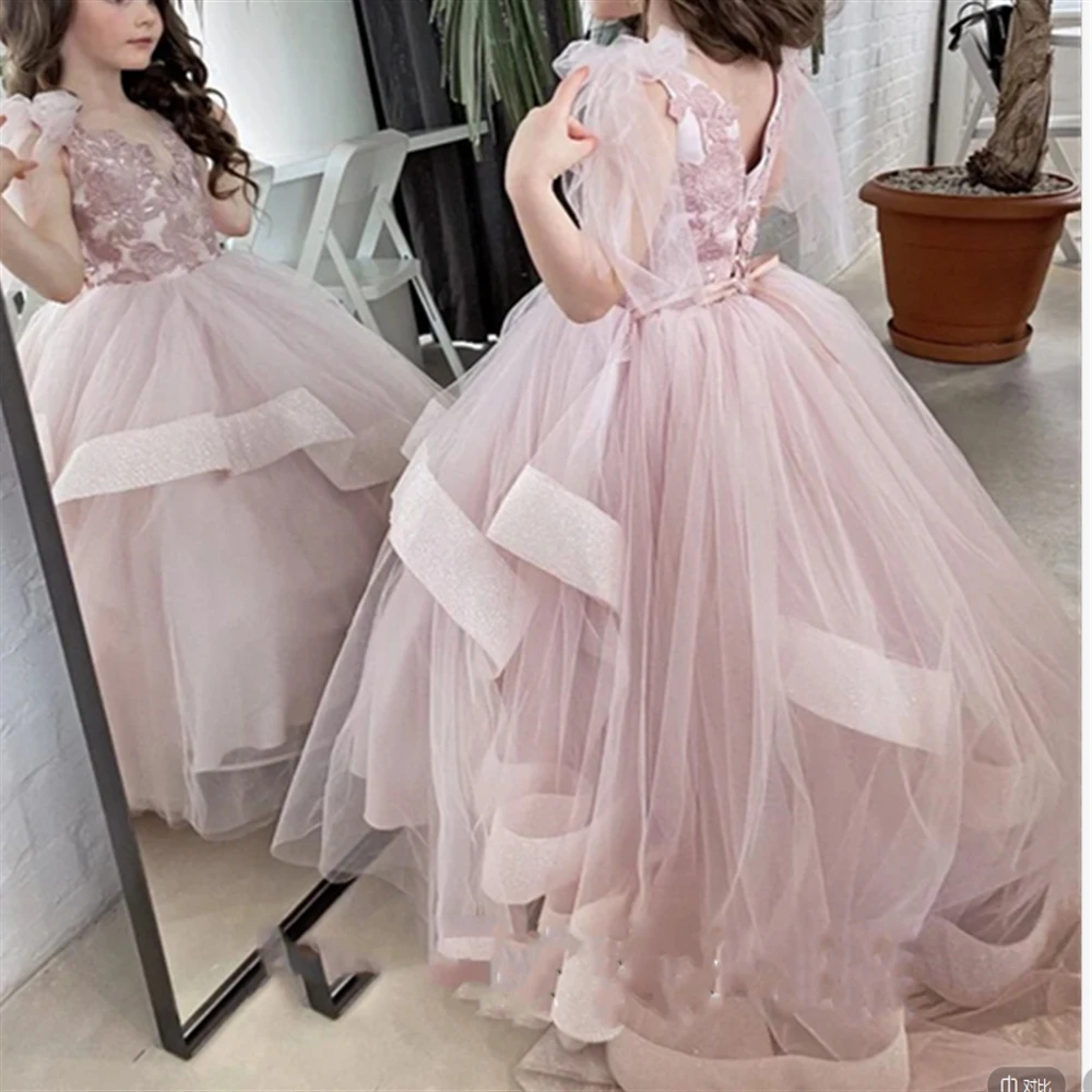 

Blush Pink Flower Girl Dress Tulle Round Collar Applique Lace Long Train Princess Wedding Birthday First Communion 1-16years