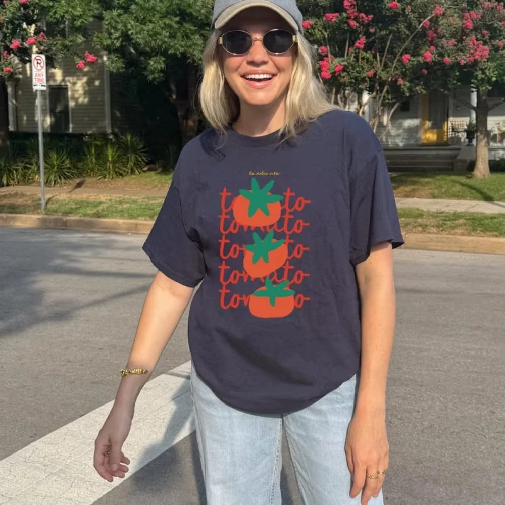 الطماطم فتاة الصيف لطيف الإبداعية تي شيرت مطبوع الطماطم الصيف المزارعين البلوز المرأة Crewneck القطن قصير الأكمام
