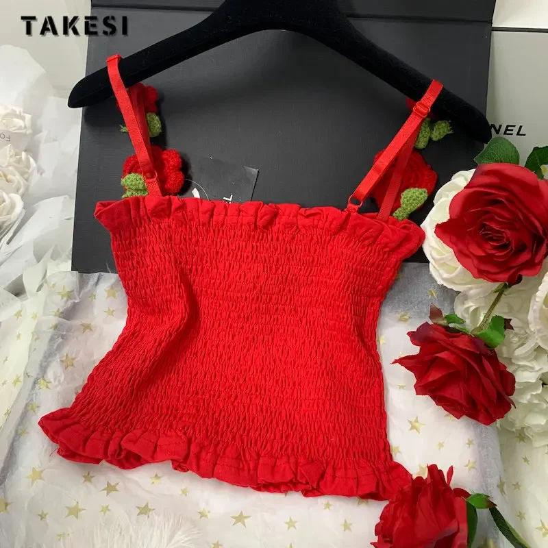 Women Hotsweet 3D Floral Decoration Sleeveless Red Tanks Top 2024 Summer Beach Style Slim Fit Crop Top Female Suspender Vest