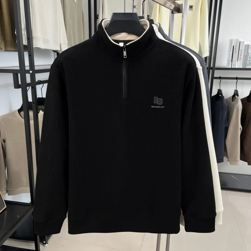 Designer Original Men's Fleece-Lined Half Zip Mock Neck Ribbed Sweatshirt Soft Warm Anti Pilling Casual Autumn Winter Men's Wear