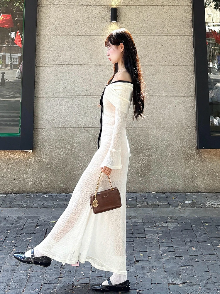 Ele Knitted Long Sve One oulder Dr Women's Early Autumn Elastic Slim Fit Bodycon Long Dr Polyester Fiber High ...