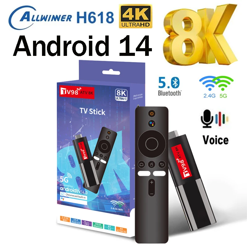 TV98 ATV 8K Smart TV Stick Android14 ATV Allwinner H618 quad-cor 4G 5G Dual WiFi Support 4K 8K HD Player BT5.0 Voice remote iptv