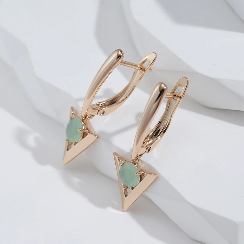 SYOUJYO 585 Rose Gold Color Triangle Drop Earring Emerald Green Natural Zircon Fine Jewelry Elegant Luxury Long English Earrings