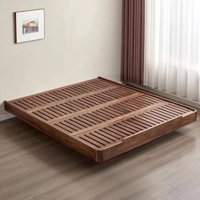 

Suspended bedless bed Black walnut household small apartment Solid wood bed shelf 1.8 meters Bed 1.5 meters Double row skeleton
