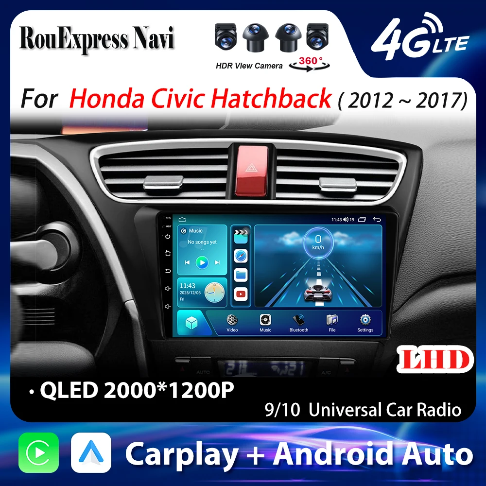 Android 16 For Honda Civic LHD Hatchback 2012 2013 2014 2015 2016 2017 Car Radio Multimedia Player Navigation Stereo Dash Cam BT
