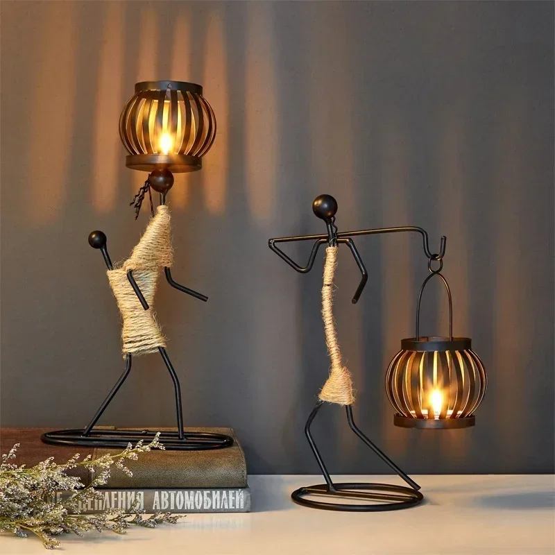European Style Hollow Candle Holder Retro Black Iron Lantern Candlestick Metal Craft Home Shop Decoration Gift