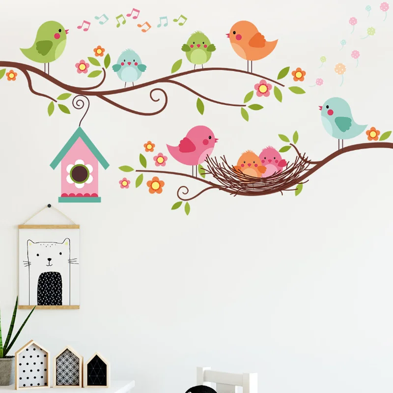 Kawaii Branches Birds Small Houses Wall Stickers Room Living Room Sticker Bathroom Decoration Self-adhesive Removable Waterproof