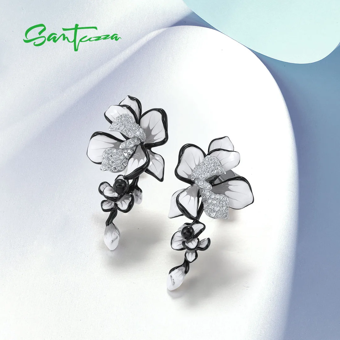 SANTUZZA Real 925 Sterling Silver Stud Earrings For Women Sparkling Purple & White Enamel Flower Trendy Wedding Fine Jewelry