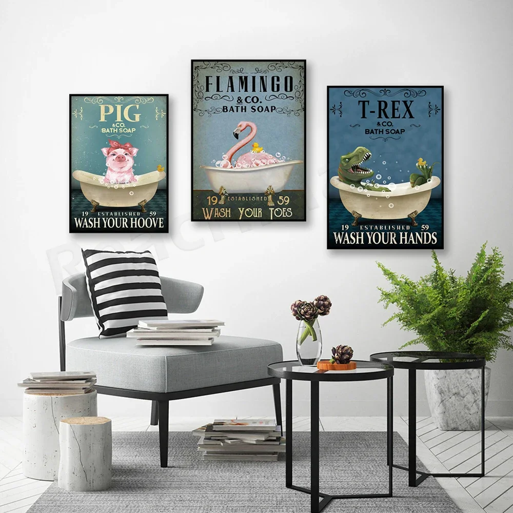 Pig & Co Body Soap Hoof Wash Poster, T-Rex & Co Body Soap Hand Wash Funny Dinosaur Poster, Bathroom Decor, Cute Pig Gift