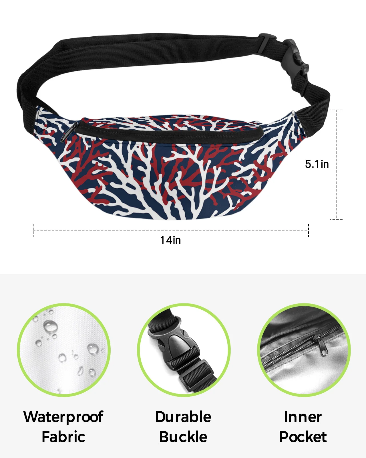 Summer Sailing Marine Life Beach Coral Navy Blue Men Women Waist Bag Fanny Pack Belt Bag Wallet Pouch Waterproof Banana Hip Bags