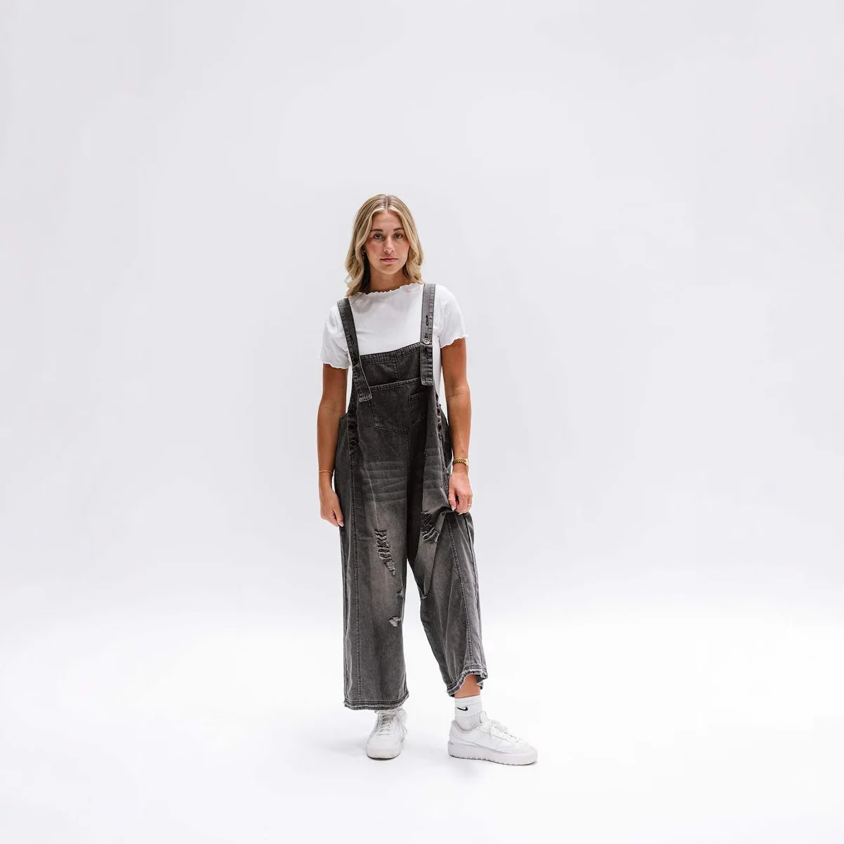 Salopette en Denim délavé Vintage, salopette Baggy ample déchirée, salopette confortable à bretelles décontractées, salopette d'été rétro à jambes larges pour femmes