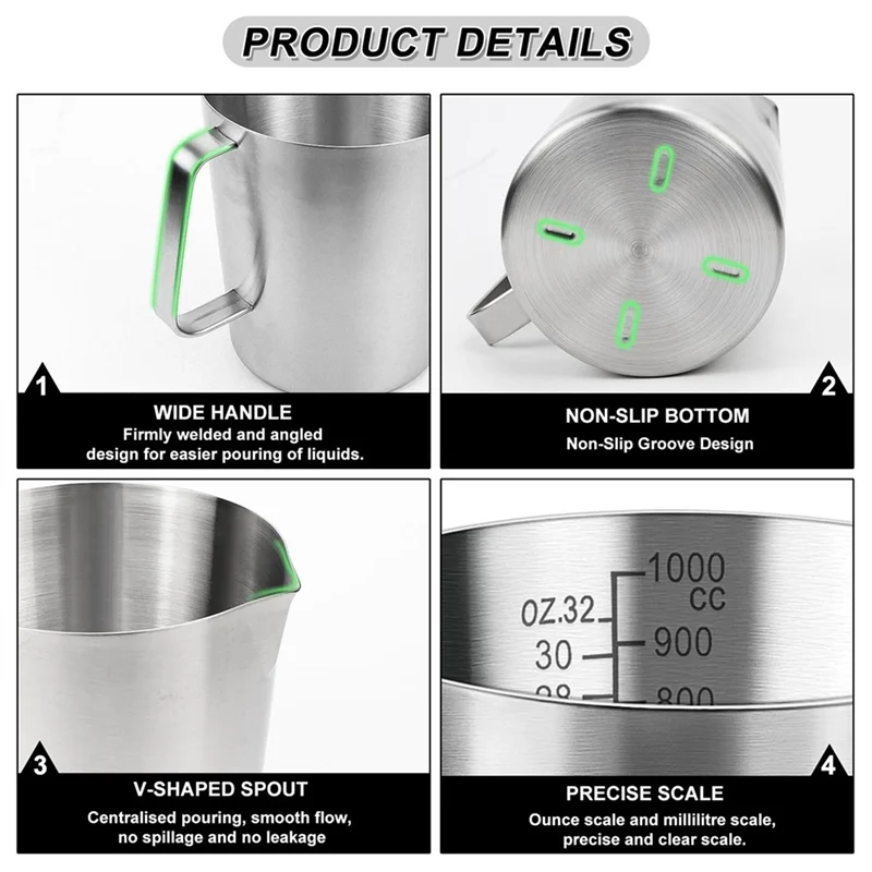 

ABKY-Measuring Jug 1L Stainless Steel, Measuring Cup Metal With Handle, With Ounce And ML Scale, Dishwasher Safe, Milk Jug