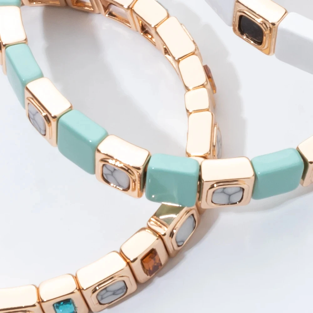 2024 New Fashion 8*8mm Alloy Elastic Bracelet for Women Gold Color Inlaid Rhinestone Bangle Natural Stone Women Jewelry Gift