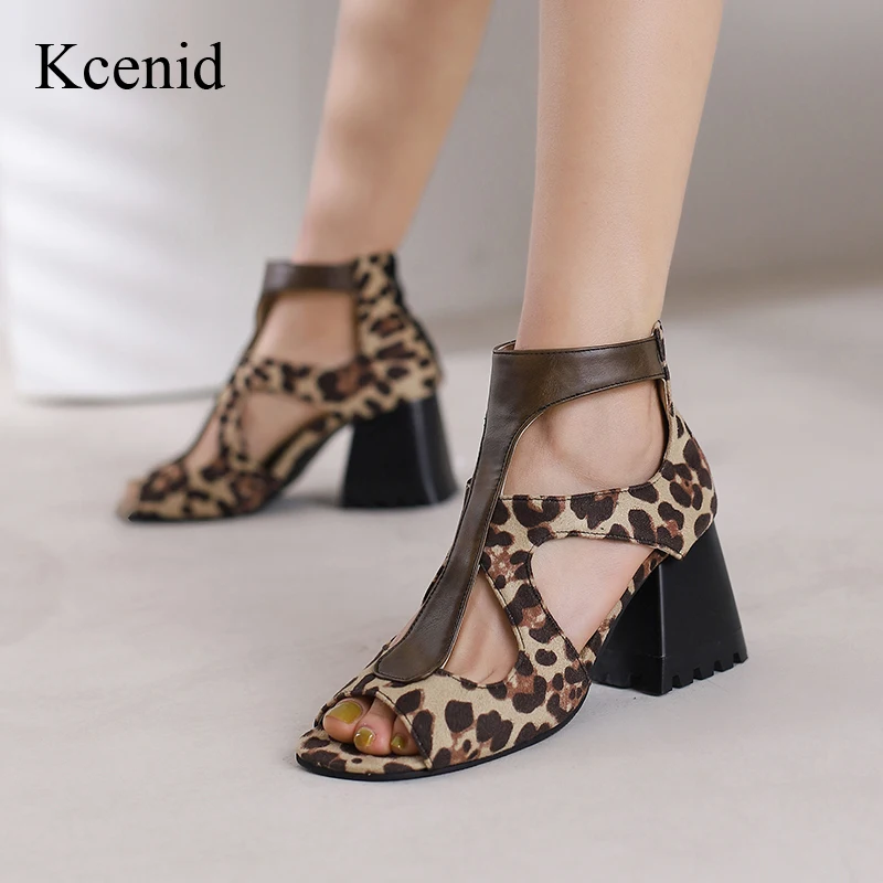 Kcenid Ladies Peep Toe Gladiator Zipper Shoes Big Size 35-48 Leopard Casual Women`s Sandals Shoes Summer Boots High Heels Shoes