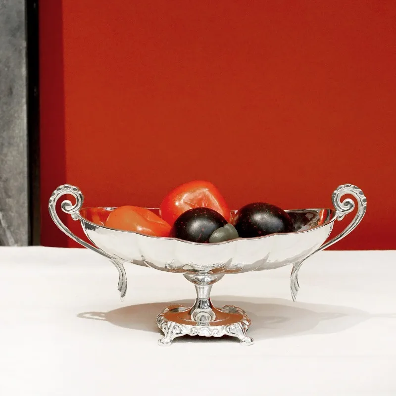 Brass silver-plated Indian imported handmade high-footed binaural handle art fruit plate fruit basket luxury European home ornam