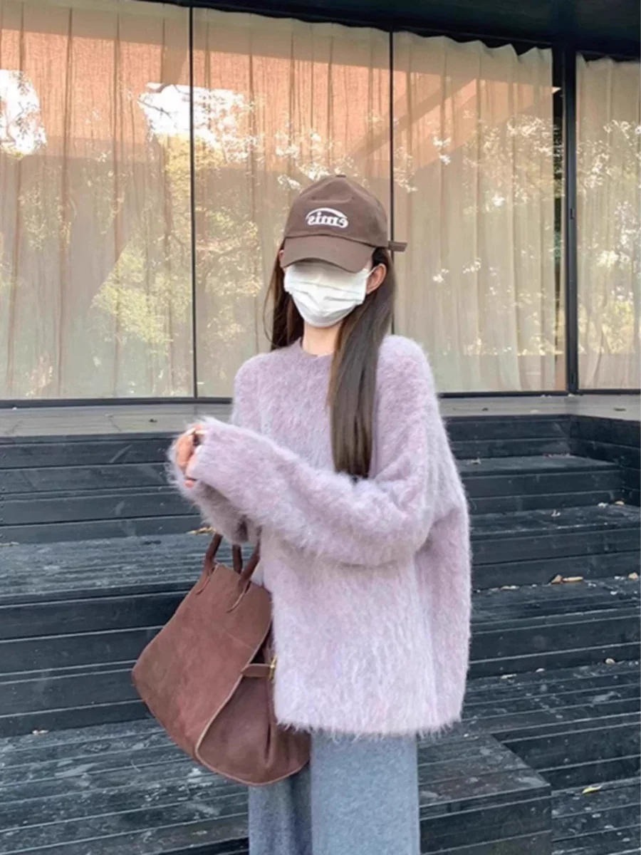 

Soft Purple Camere Sweater Women's Autumn Winter Lazy Sle Knitted Top Comfortable Loose Fit round Ne Long Sve