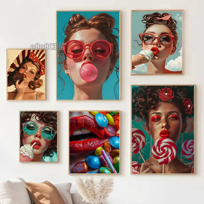 Bubble Gum Ice Cream Lollipop Candy Sweet Youth Girls Posters Prints Canvas Painting Fashion Figure Pictures Home Decor Wall Art