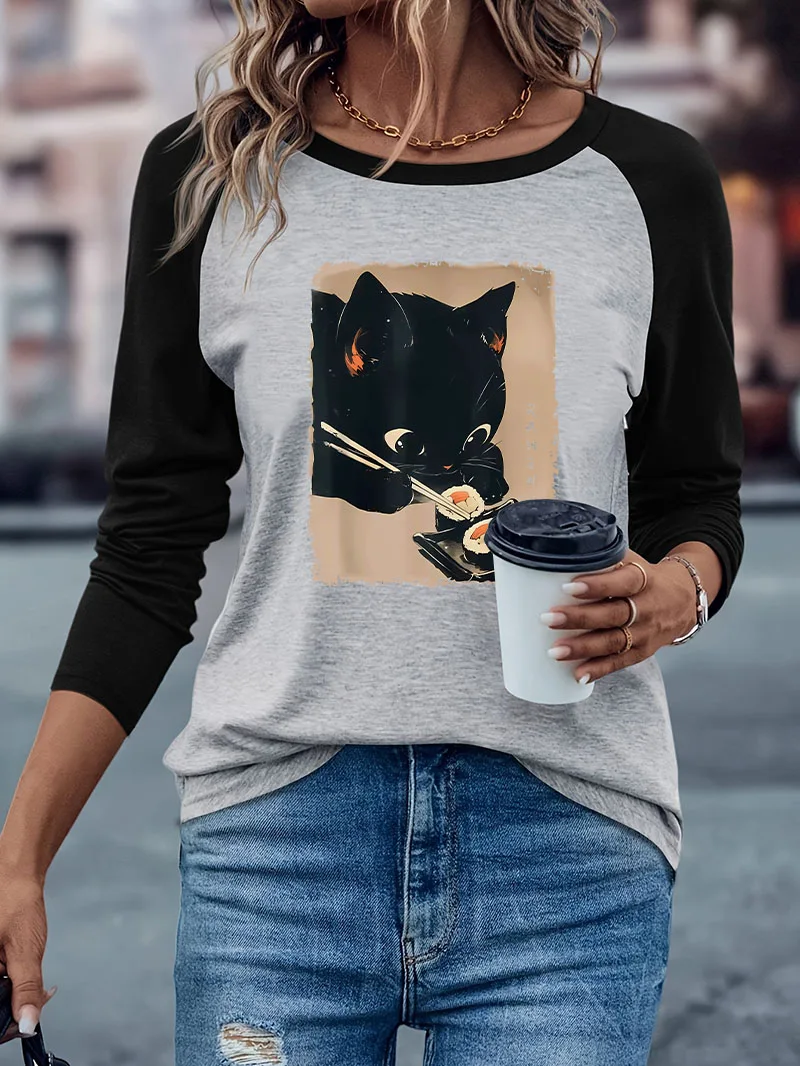 Harajuku Casual Long Sleeve T-shirt Japanese Style Ramen Cat Funny Cat Winter Autumn Graphic Long Sleeved T Shirt Woman