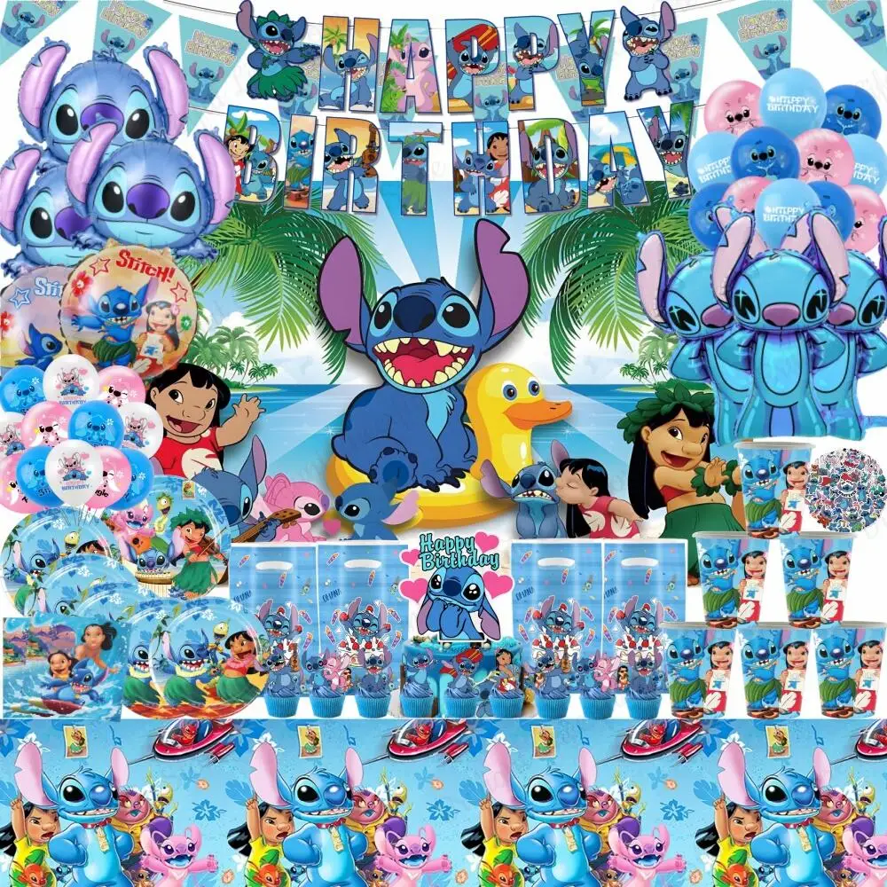 Disney Stitch Tableware Set Kids Birthday Decorations Balloon Paper Plate Banner Tablecloth Backdrop Baby Shower Party Supplies