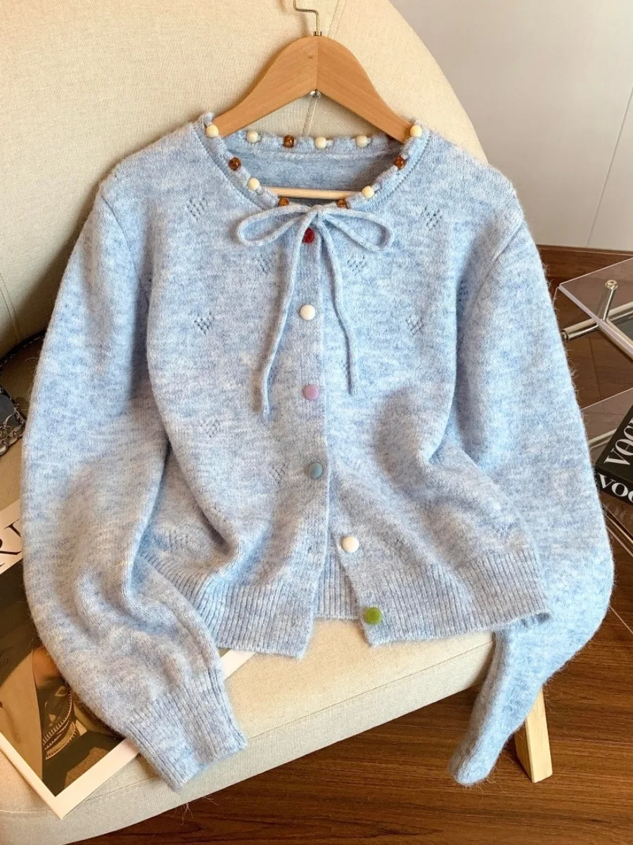 Dopne اللون الأزرق زر حبة حبل جولة Ne المرأة الخريف الشتاء لينة مريحة محبوك فضفاضة مفتوحة سترة سترة #1