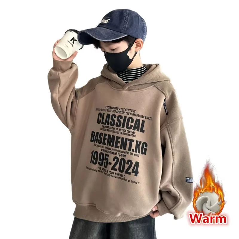 

Kids Winter Thick Hoodie Sweatshirt For Boys Warm Insulated Hooded Coat Korean Boy Costume Teens Cotton Fleece Top Clothes 5-14Y