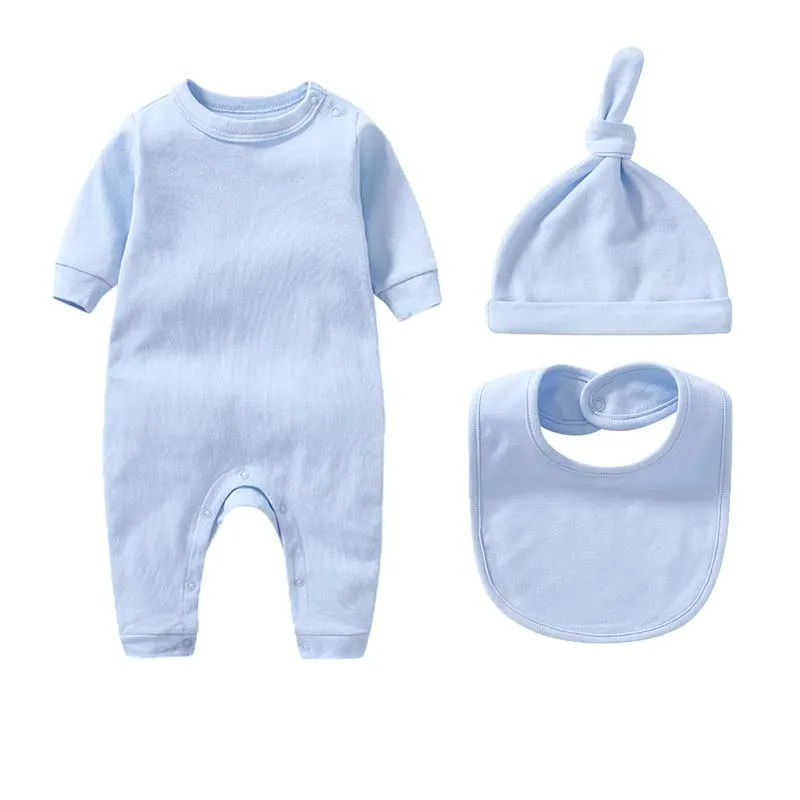 Комплекты из 3 предметов для новорожденных, одежда для мальчиков и девочек 0-3 месяцев, боди из 100% хлопка, шапка, нагрудник, однотонные комбинезоны с длинными рукавами, одежда для младенцев