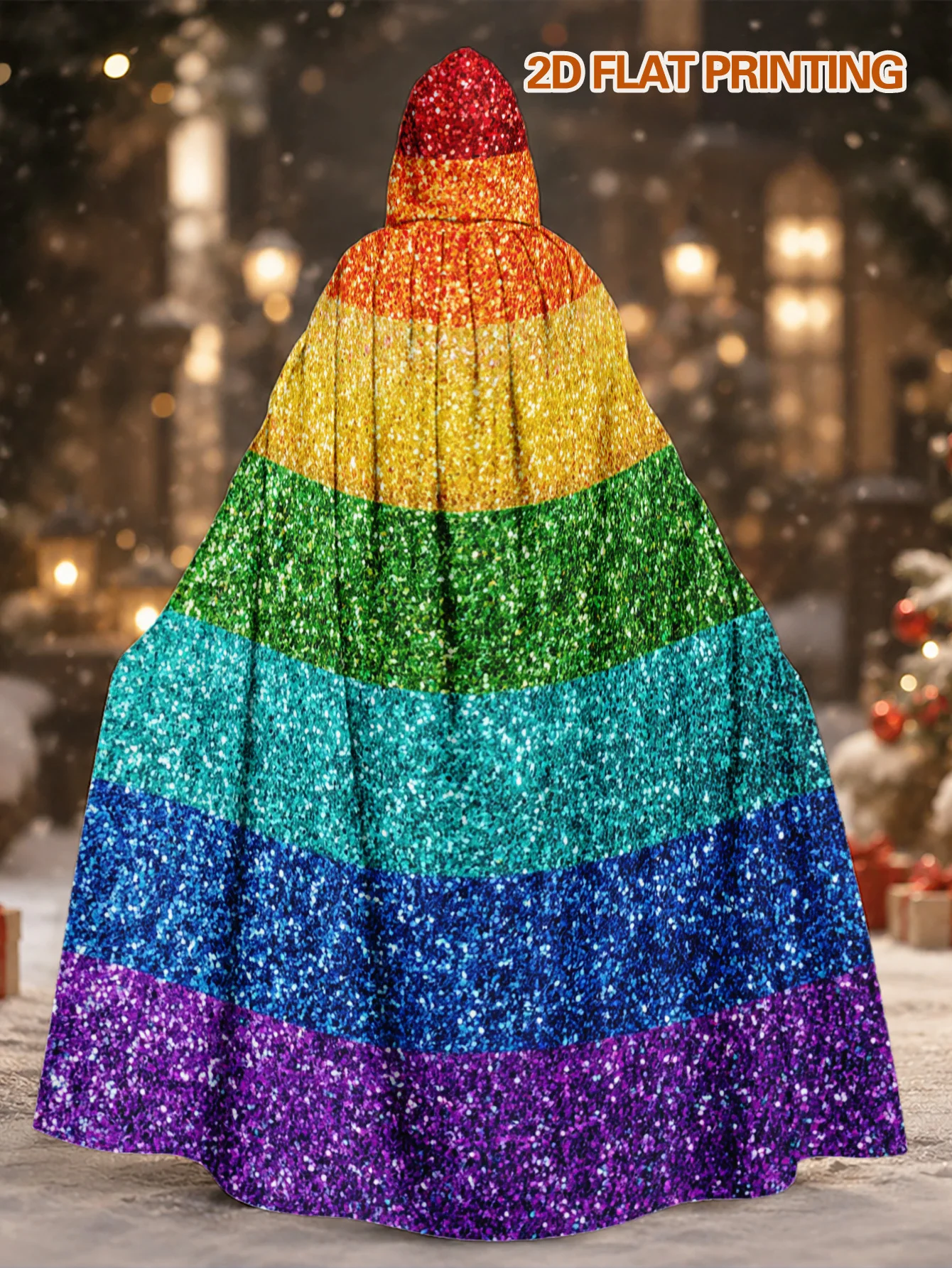 Customization 1pc, Adult Long Hooded Cape With Festive Glitter Rainbow Elements, Polyester Cloak For Halloween Spooky Events