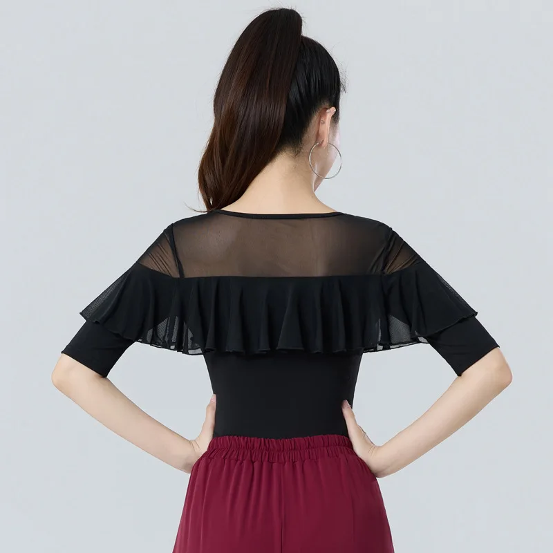 2025年夏 ラテンダンス衣装 レディース トップス 新作 モダンダンス ギタバダンス衣装 メッシュスプライシング ブラック ミドルスリーブ