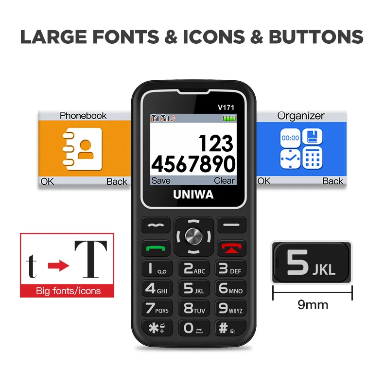 Uniwa V171 1.77 "โทรศัพท์ปุ่มกดขนาดใหญ่สำหรับผู้สูงอายุ SOS คุณสมบัติ2G ลำโพง FM ชาร์จโทรศัพท์มือถือแท่นชาร์จโทรศัพท์มือถือ