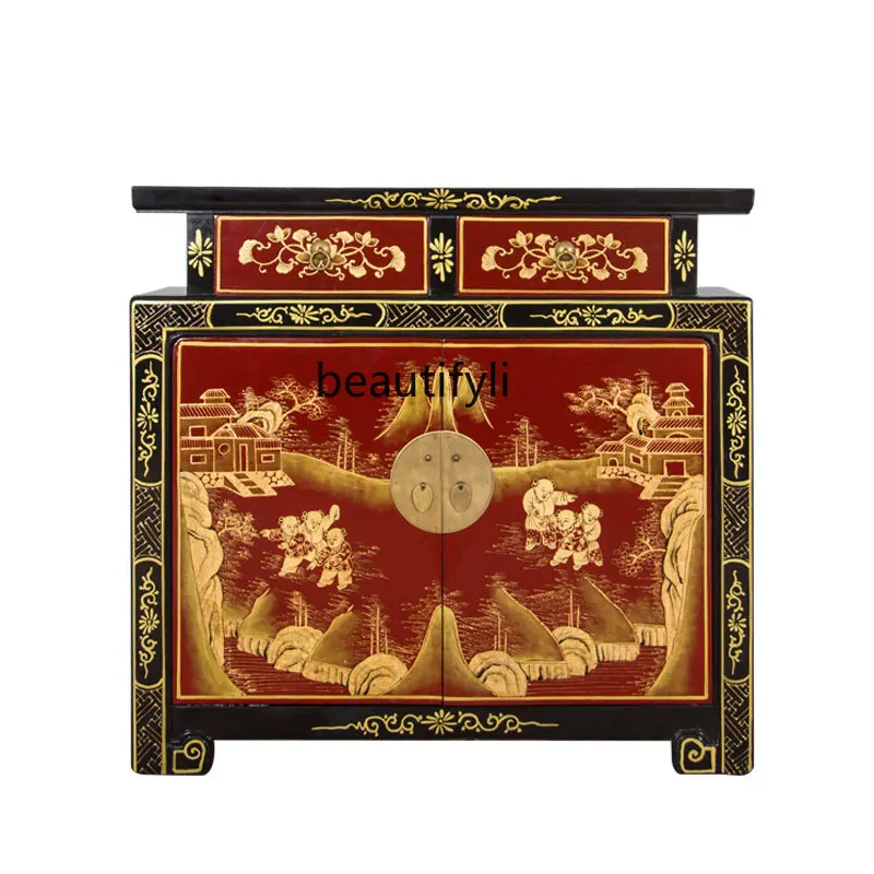 

New Chinese furniture solid wood dining edge, locker, retro and old warped head cabinet, traditional gold-painted entrance