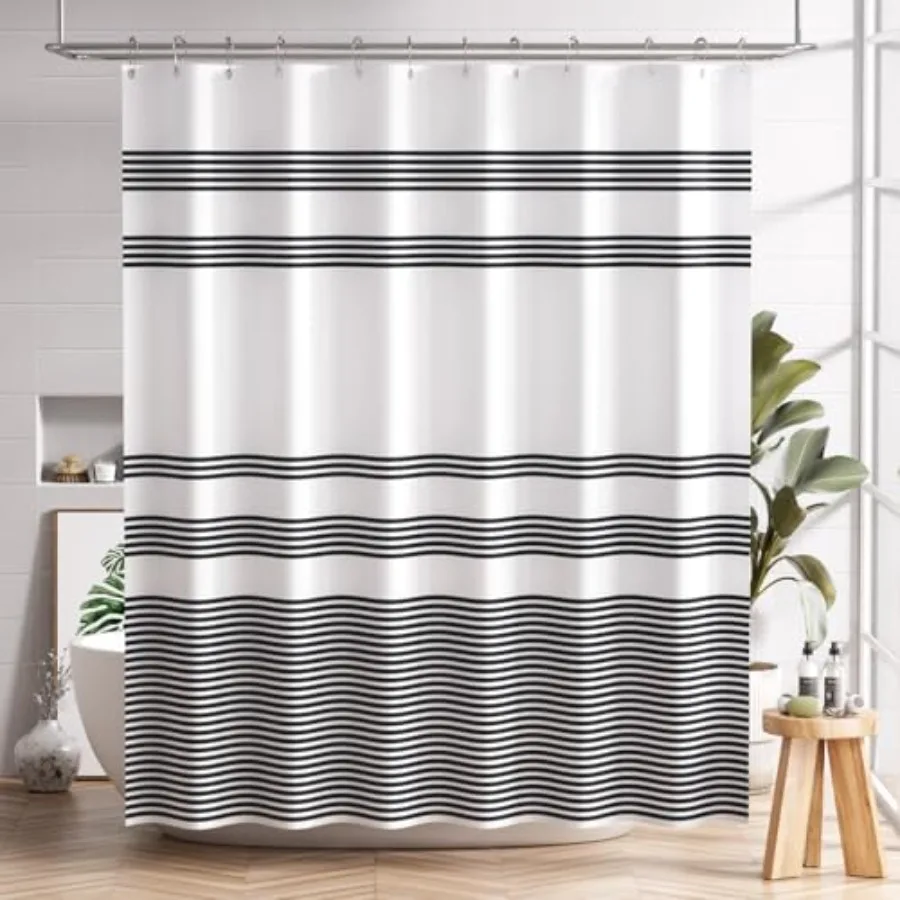 

Shower Curtain Washable Cloth Black Shower Curtain Sets with 12 Shower Curtain Hooks Fabric Rustic Black and White Striped Curt