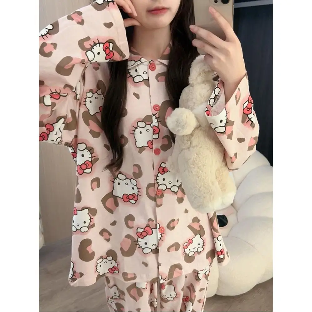 Japanese Cartoon Kt Cat Pajamas Home Clothes Women Spring and Autumn Sweet Cute Girly Wear Outside Long Sleeves Loungewear Set