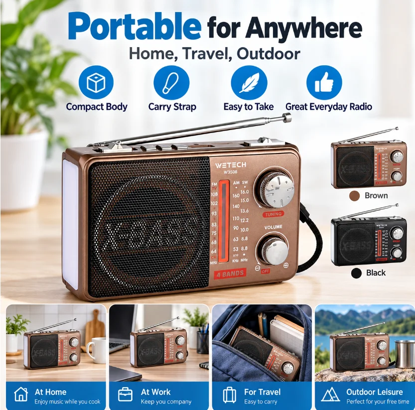 Radio portatile Bluetooth, ricevitore AM/FM/SW a 4 bande, ricaricabile, con torcia e funzione di riproduzione musicale MP3.
