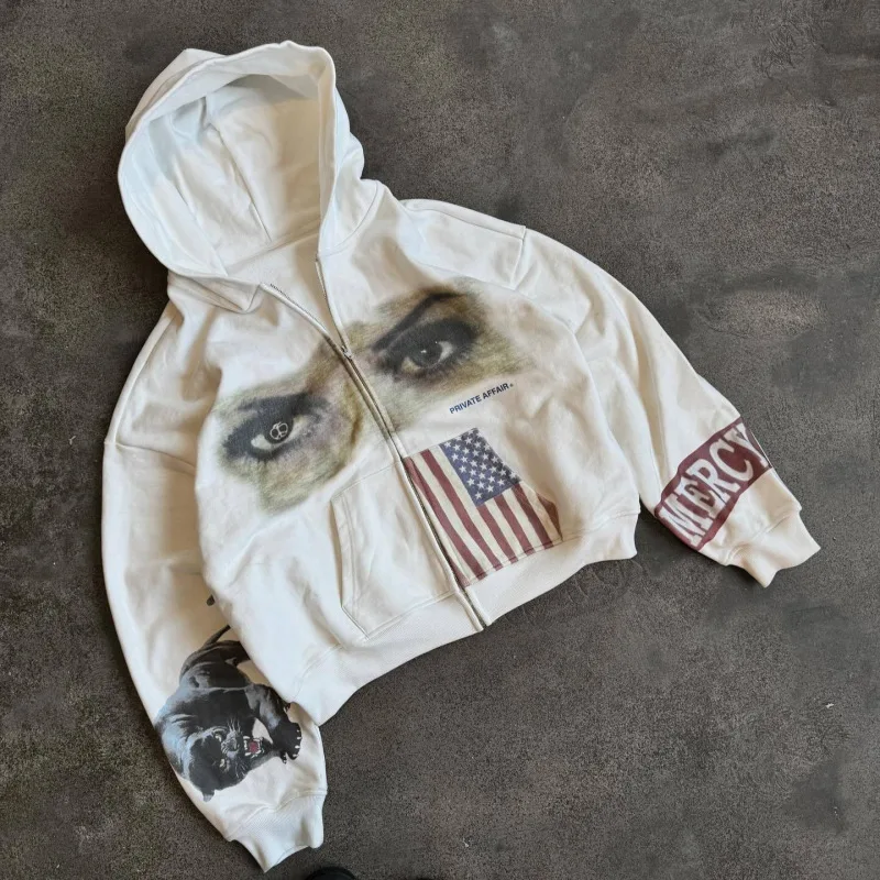 Übergroßer weißer Grafik-Kapuzenpullover mit Reißverschluss für Damen, 2025, Y2K-Streetwear-Jacke mit Augen-, Panther- und USA-Flaggen-Aufdruck, modische Oberbekleidung