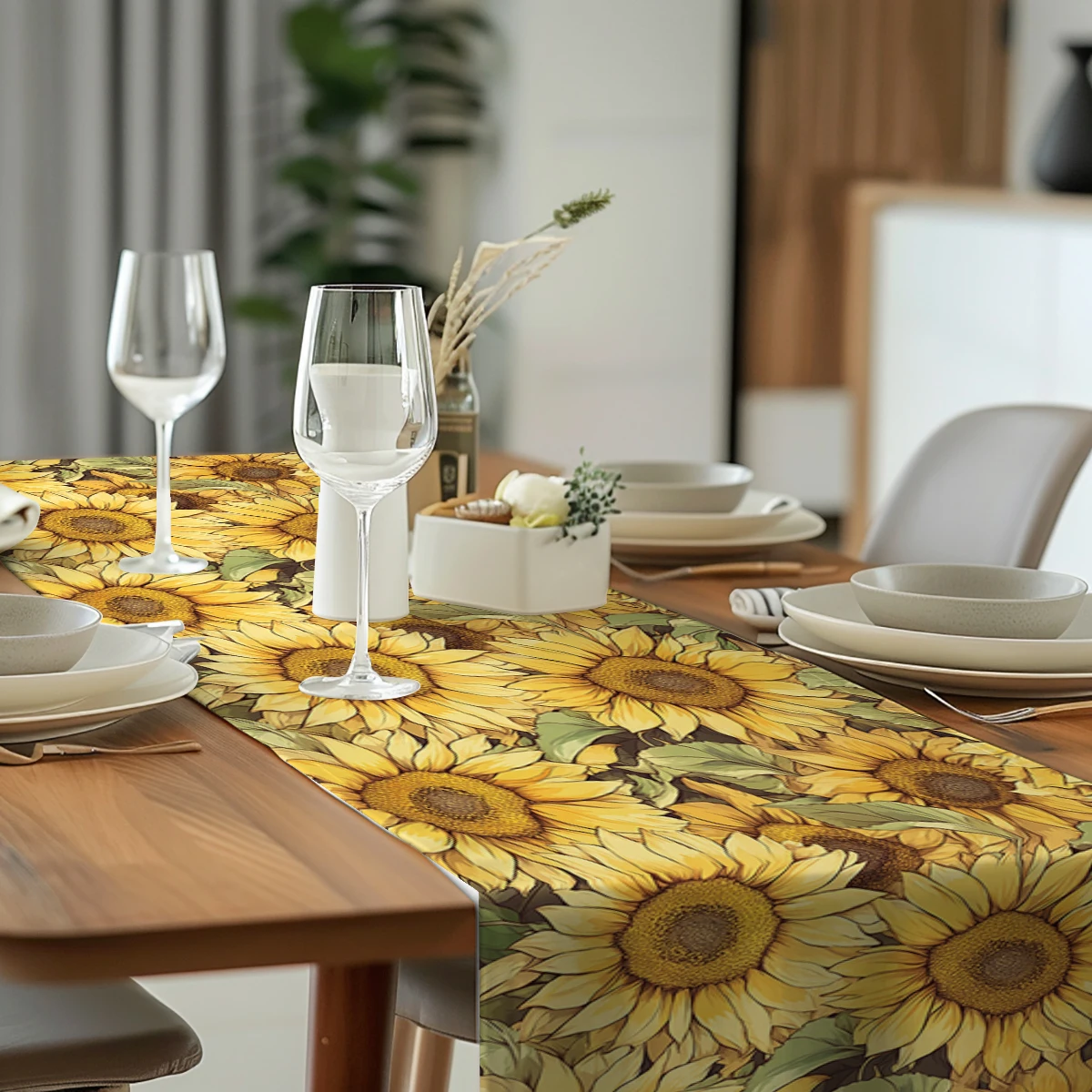 Sunflower Spring Plant Table Runner Home Wedding Centerpieces Decoration Party Table Runners Dining Long Cloth