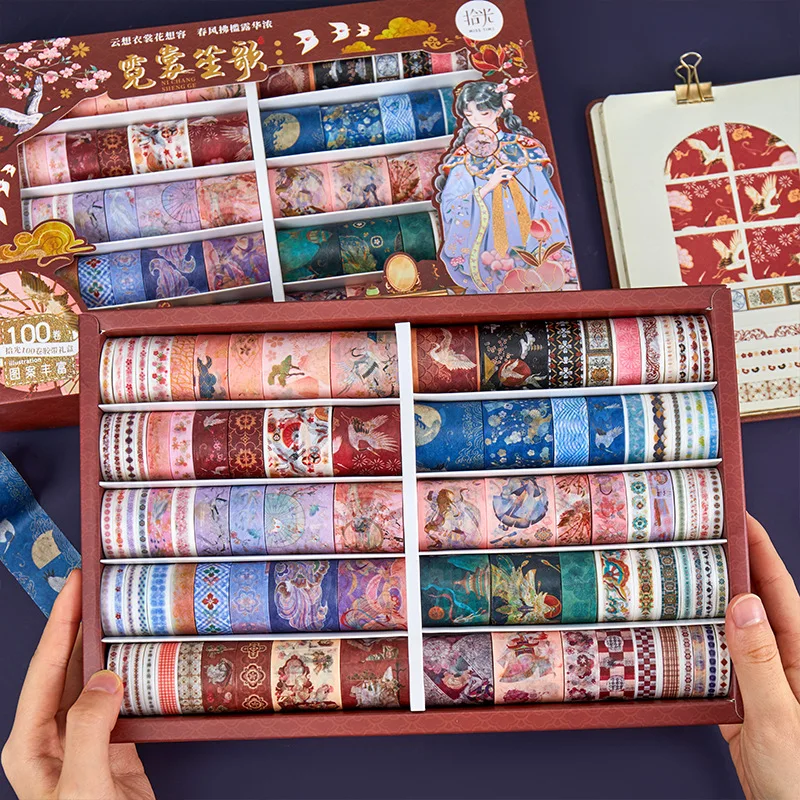 100pcs Retro ancient scenery Masking Vintage Chinese style washi tape gift box Tape Diy Scrapbooking  Art INS Sticker Label