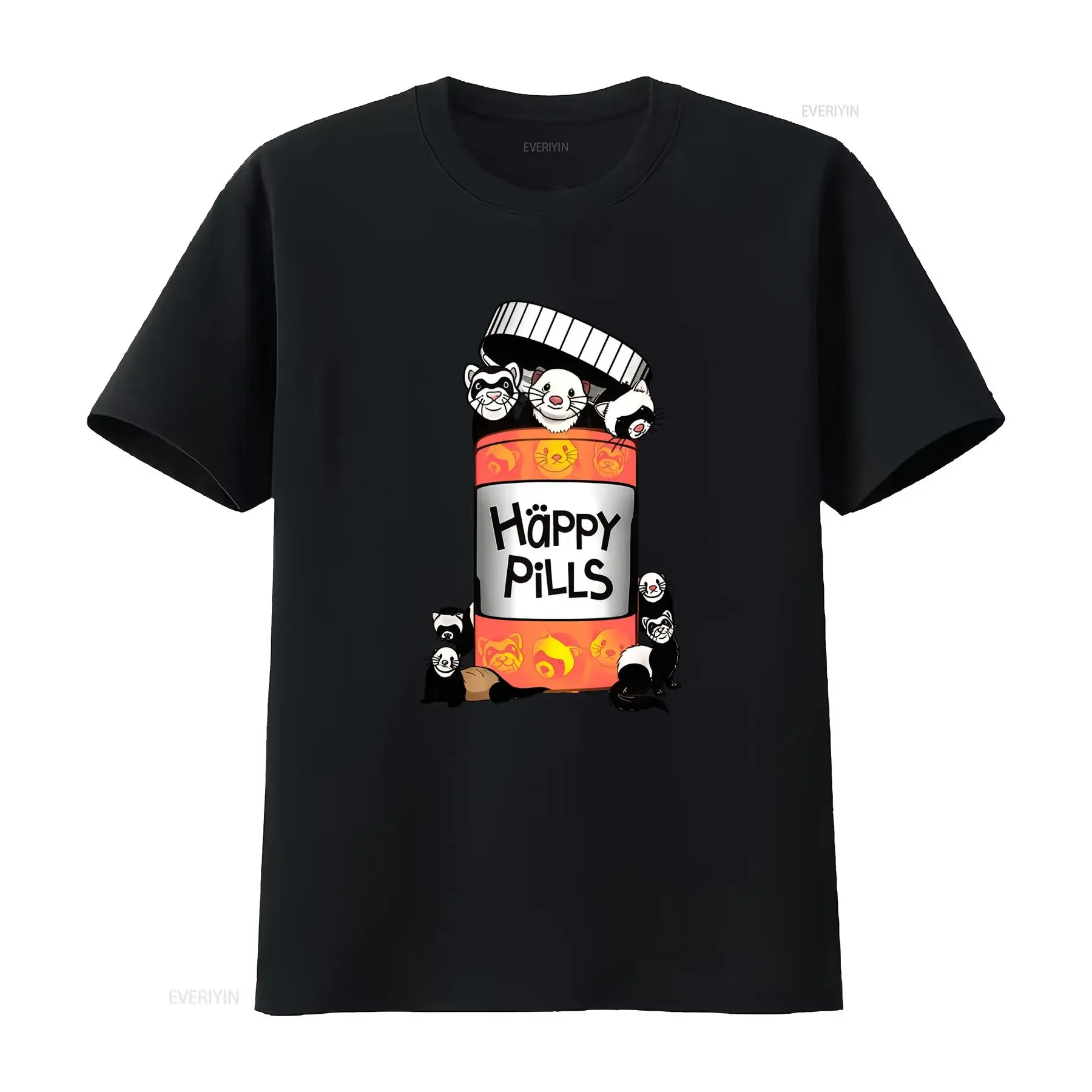 Funny Cartoon Happy Pills Ferret Print Casual T Shirt vintage Washed designer clothes Versatile Stylish homme Soft Unisex