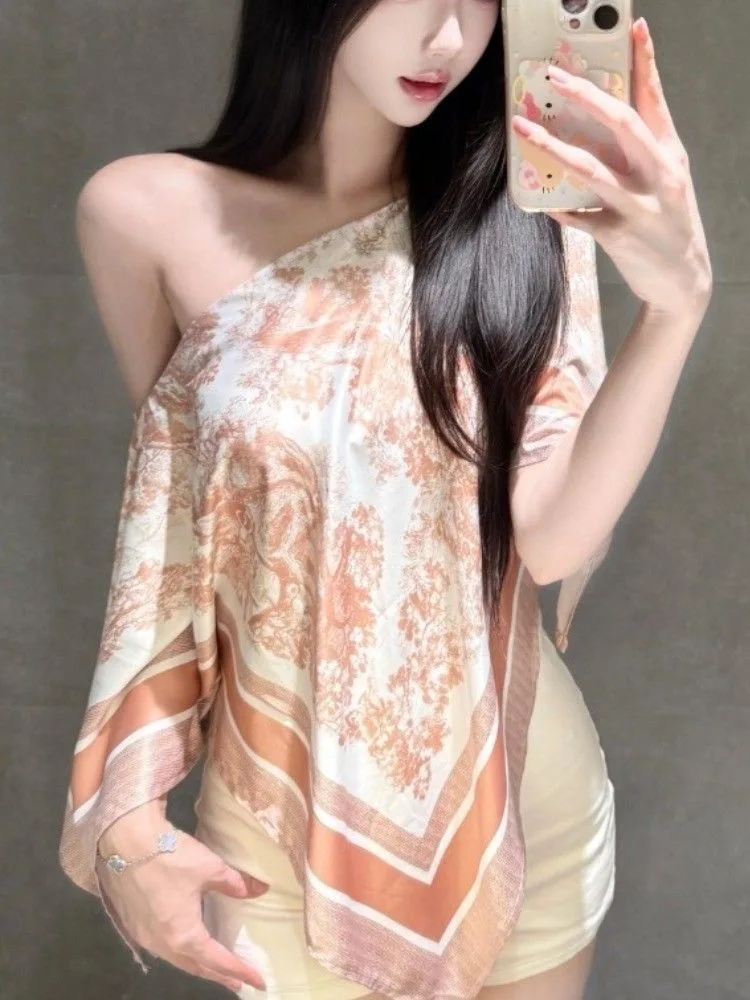 KING BRAND Summer irt Ele Pink Print Oblique oulder Design French Sle Loose Fit Women's Faion Daily Wear