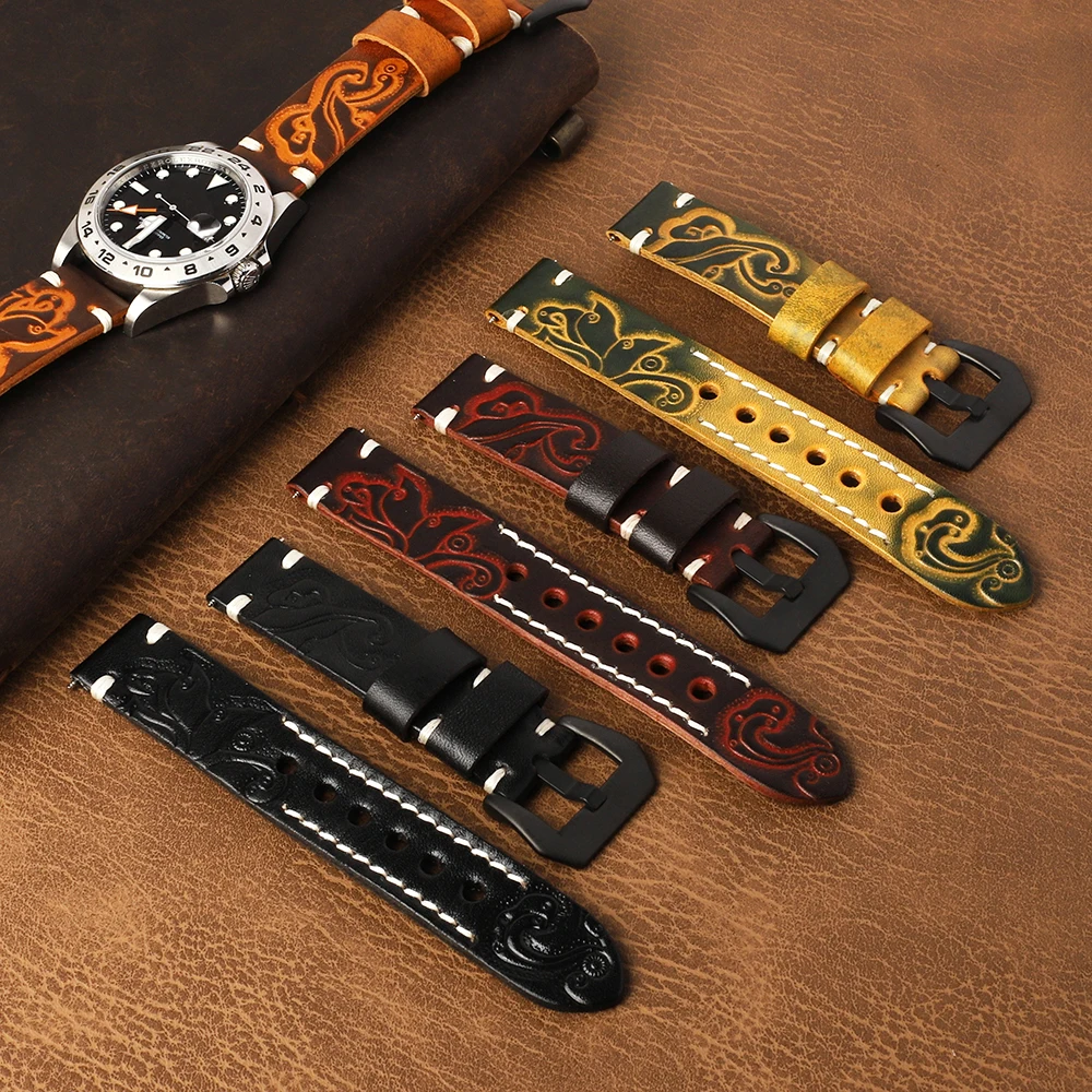 Vintage Carving Men Watch Strap Handmade Stitched Embossed Leather Watchband  Black Buckle for Panerai 18mm 20mm 22mm 24mm