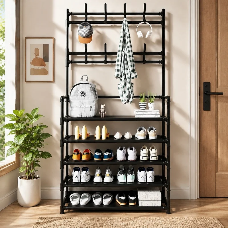 Multi-Level Metal Rack with 8 Hooks for Shoes, Coats, Hats, and Accessories, Compact Entryway Storage Solution