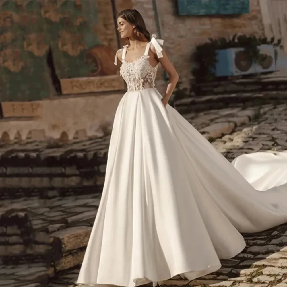 Vestido de novia largo de satén con tirantes finos, traje elegante sin mangas con apliques, corte en línea, tren